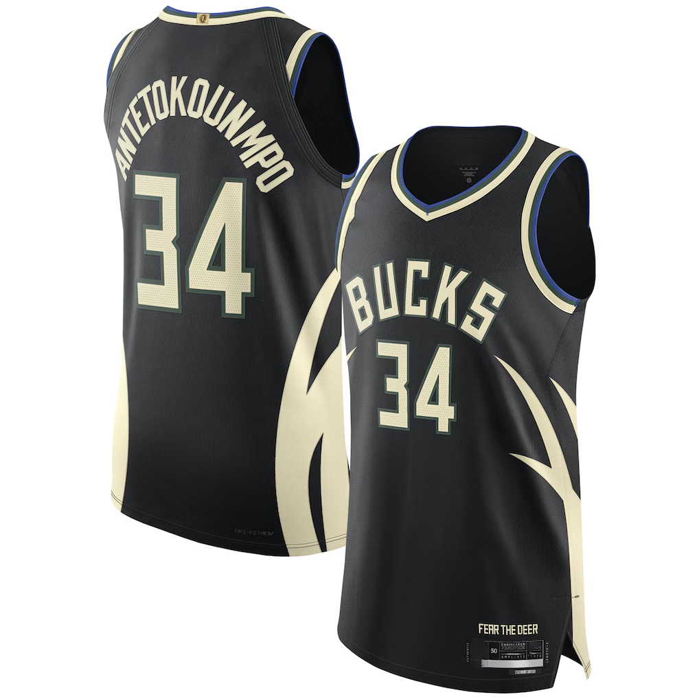 harde M.Bucks #34 Giannis Antetokounmpo Black Authentic Player Jerseys - Statement Edition