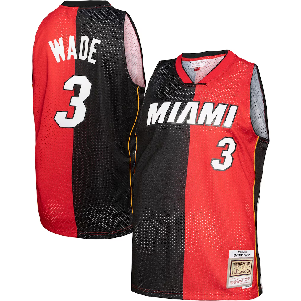 harde M.Heat #3 Dwayne Wade Mitchell & Ness Black Red Big & Tall Hardwood Classics 2005-06 Split Swingman Jerseys