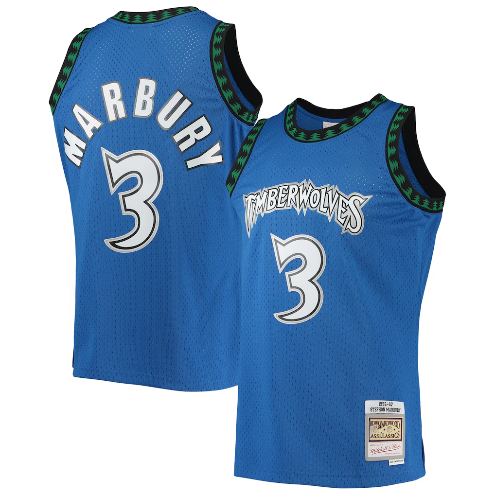 harde M.Timberwolves #3 Stephon Marbury Mitchell & Ness Blue 1996-1997 Hardwood Classics Swingman Stitched Jerseys