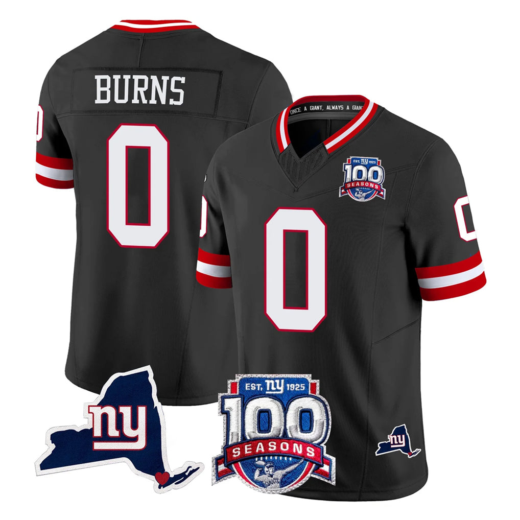 harde NY.Giants #0 Brian Burns Player Black 100th Season & State Patch Vapor Limited Home Game Stitched Jerseys