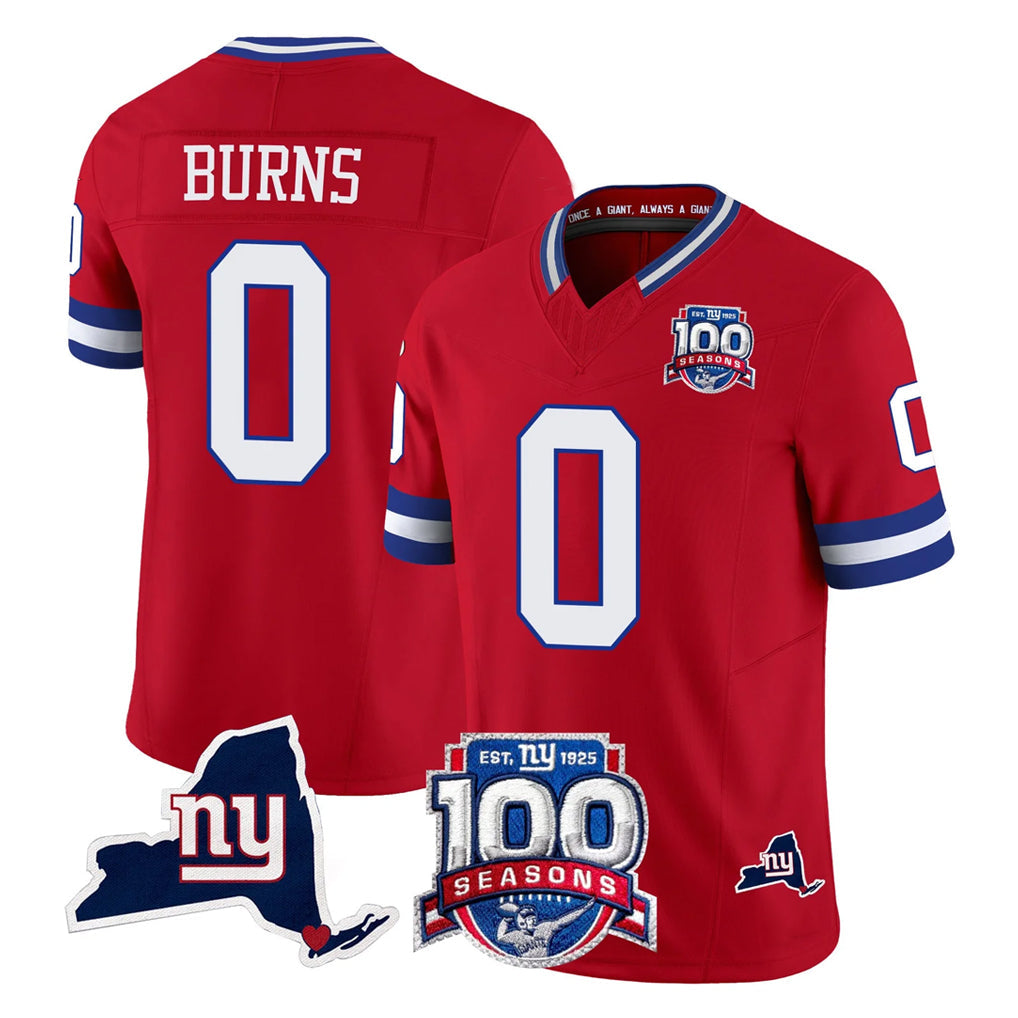 harde NY.Giants #0 Brian Burns Player Red 100th Season & State Patch Vapor Limited Home Game Stitched Jerseys