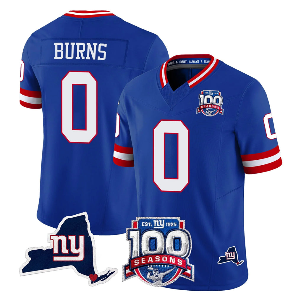harde NY.Giants #0 Brian Burns Player Royal 100th Season & State Patch Vapor Limited Home Game Stitched Jerseys