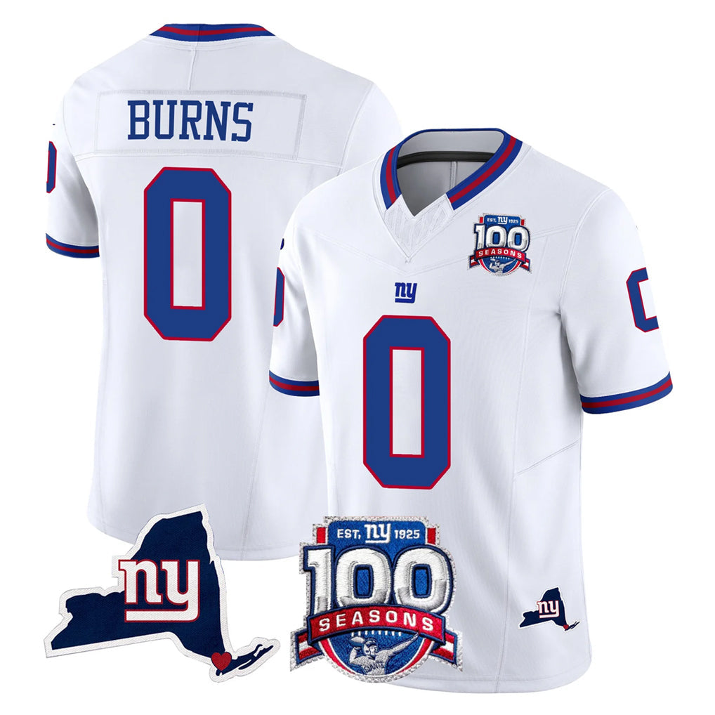 harde NY.Giants #0 Brian Burns Player White 100th Season & State Patch Vapor Limited Home Game Stitched Jerseys