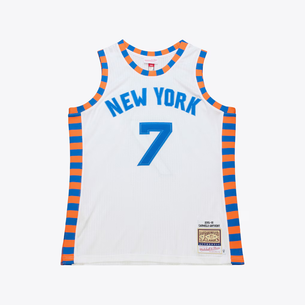 harde NY.Knicks #7 Carmelo Anthony Mitchell & Ness White 2015-16 Hardwood Classics Authentic Jerseys