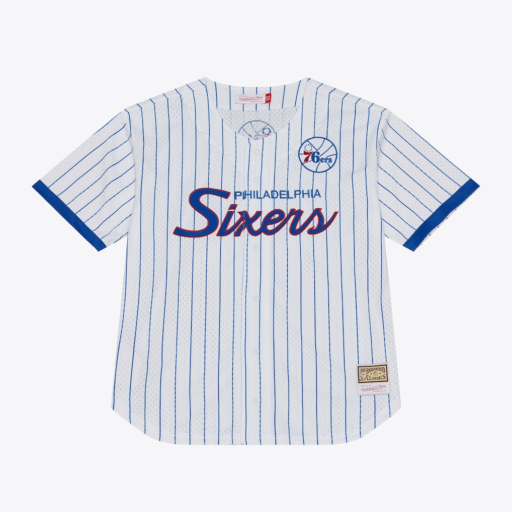 harde P.76ers Mitchell & Ness White Head Coach Pinstripe Mesh Full-Button Baseball Jerseys