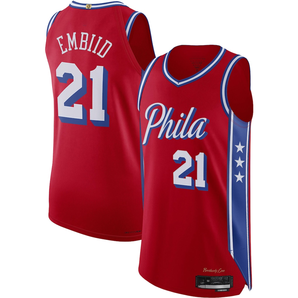 harde P.76ers #21 Joel Embiid Jordan Brand Red Authentic Player Jerseys - Statement Edition