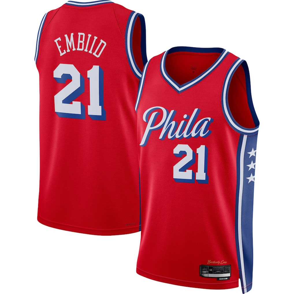 harde P.76ers #21 Joel Embiid Jordan Brand Red Swingman Jerseys - Statement Edition