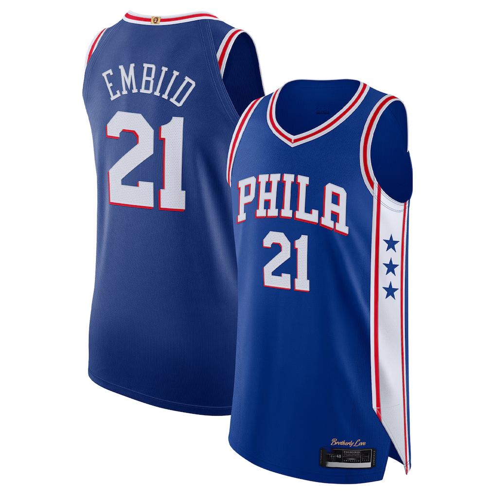 harde P.76ers #21 Joel Embiid Royal Authentic Jerseys - Icon Edition