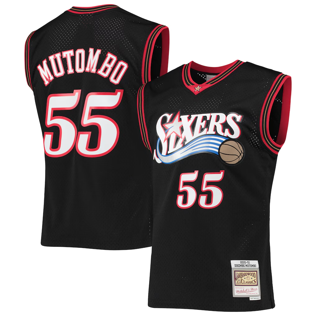 harde P.76ers #55 Dikembe Mutombo Mitchell & Ness Black Hardwood Classics Swingman Jerseys