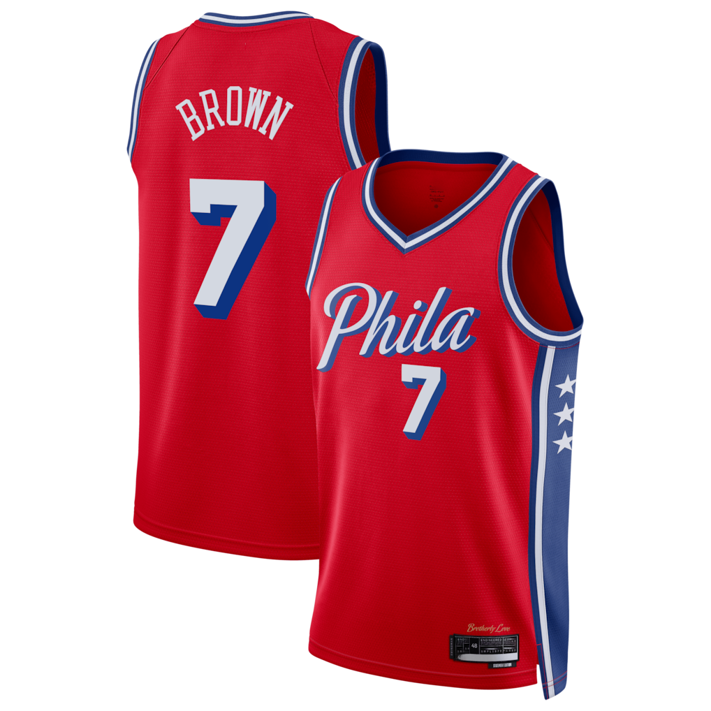 harde P.76ers #7 Jaylen Brown Red Swingman Jerseys - Statement Edition