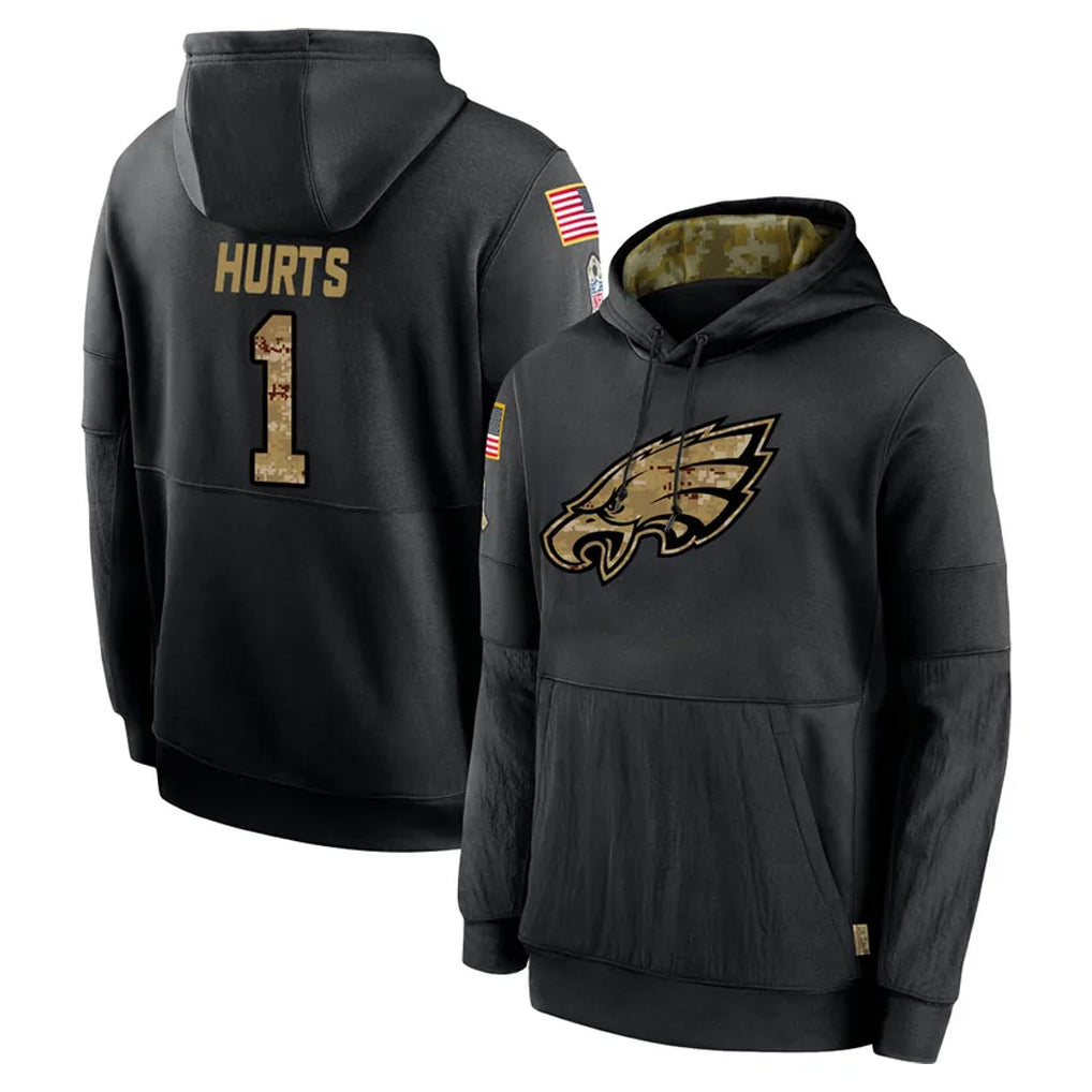 harde P.Eagles #1 Jalen Hurts Player Black Salute to Service Hoodies Limited Game Stitched Jerseys