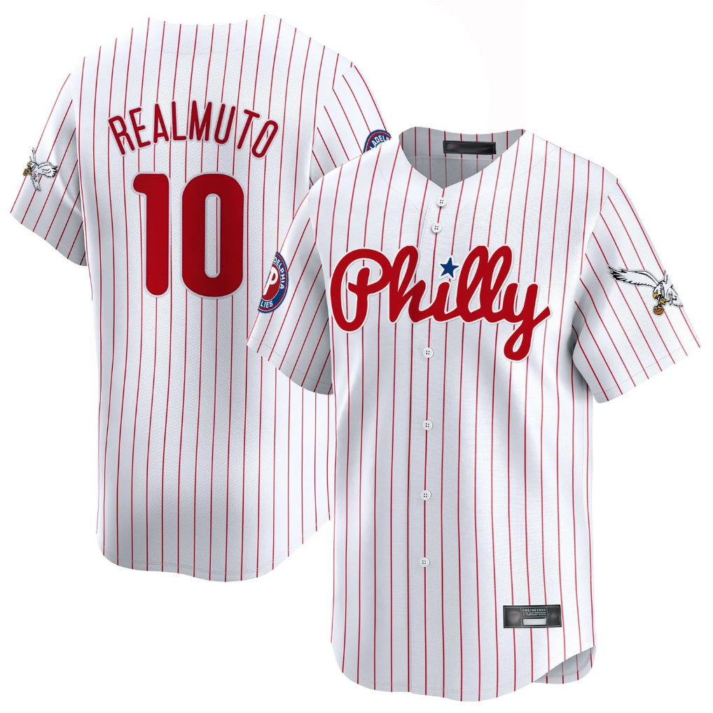 harde P.Phillies #10 J.T. Realmuto Player White Pinstripe Phillies & Eagles Vapor Premier Limited Stitched Jerseys