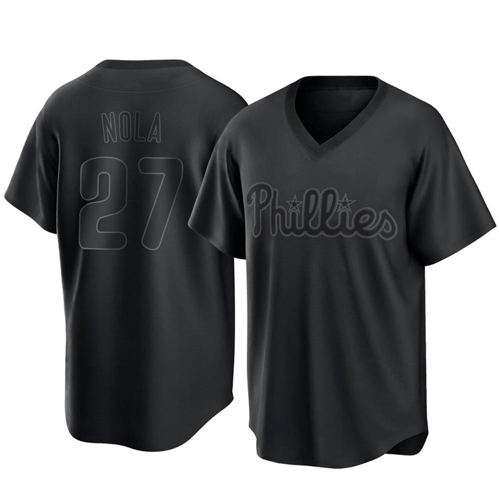 harde P.Phillies #27 Aaron Nola Player Black Pitch Fashion Limited T-shirt Stitched Jerseys