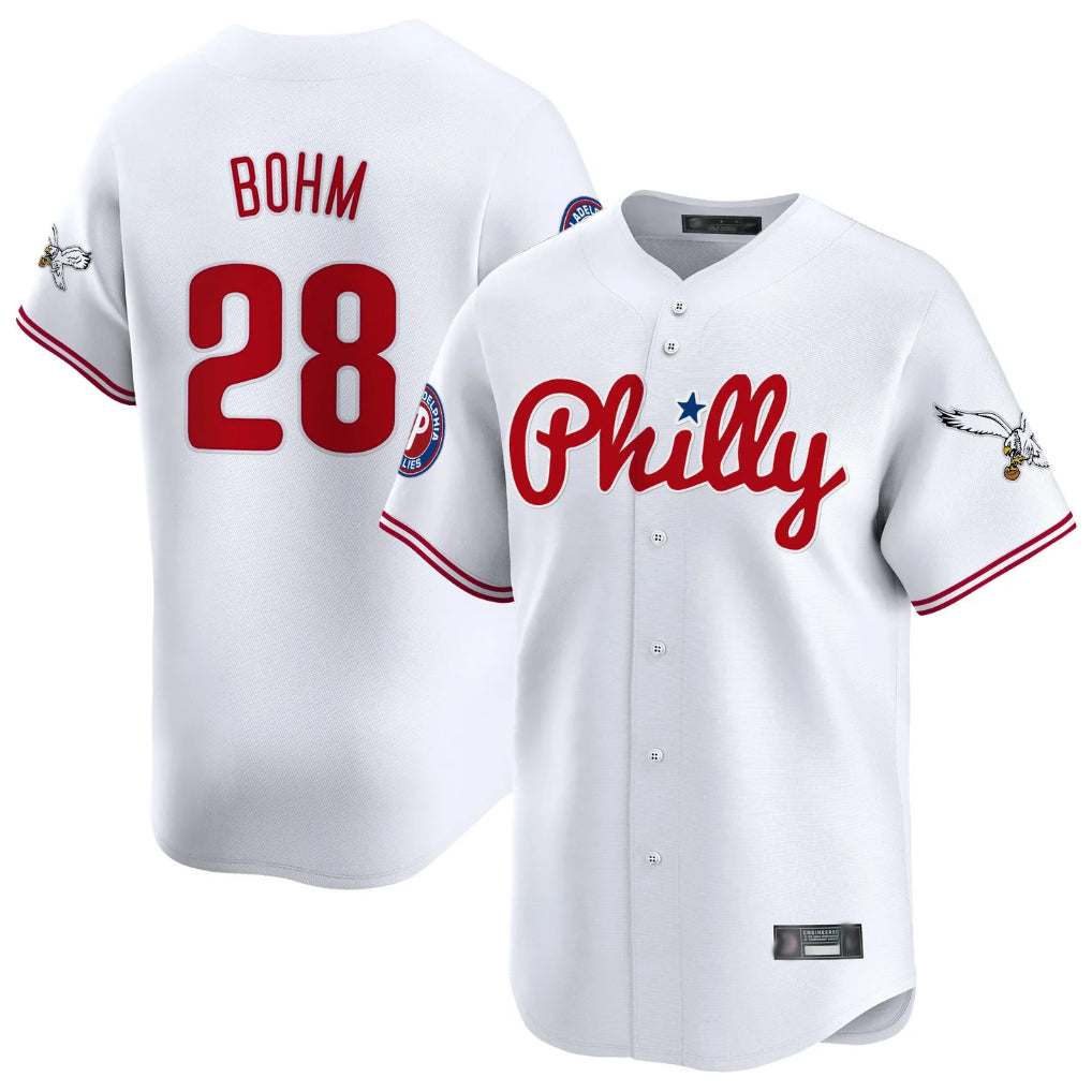 harde P.Phillies #28 Alec Bohm Player White Phillies & Eagles Vapor Premier Limited Stitched Jerseys