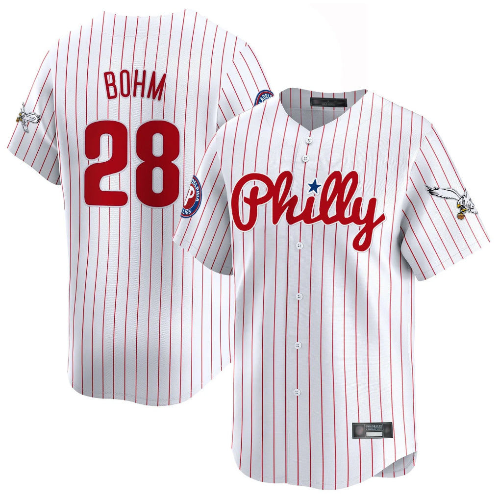harde P.Phillies #28 Alec Bohm Player White Pinstripe Phillies & Eagles Vapor Premier Limited Stitched Jerseys