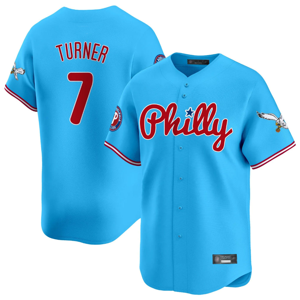harde P.Phillies #7 Trea Turner Player Light Blue Phillies & Eagles Vapor Premier Limited Stitched Jerseys