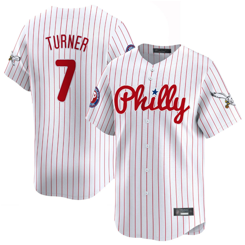 harde P.Phillies #7 Trea Turner Player White Pinstripe Phillies & Eagles Vapor Premier Limited Stitched Jerseys