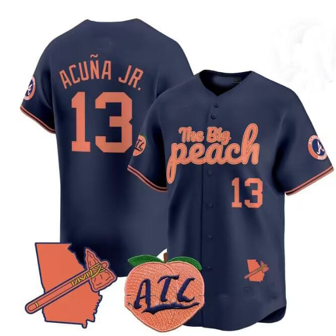 harde A.Braves #13 Ronald Acuna Jr. NavyThe Big Peach Vapor Stitches Personalized Jersey