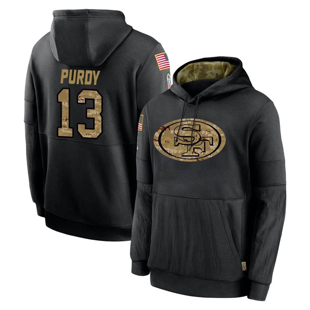 harde SF.49ers #13 Brock Purdy Player Black Salute to Service Sideline Performance Pullover Hoodies Home Game Stitched Jerseys