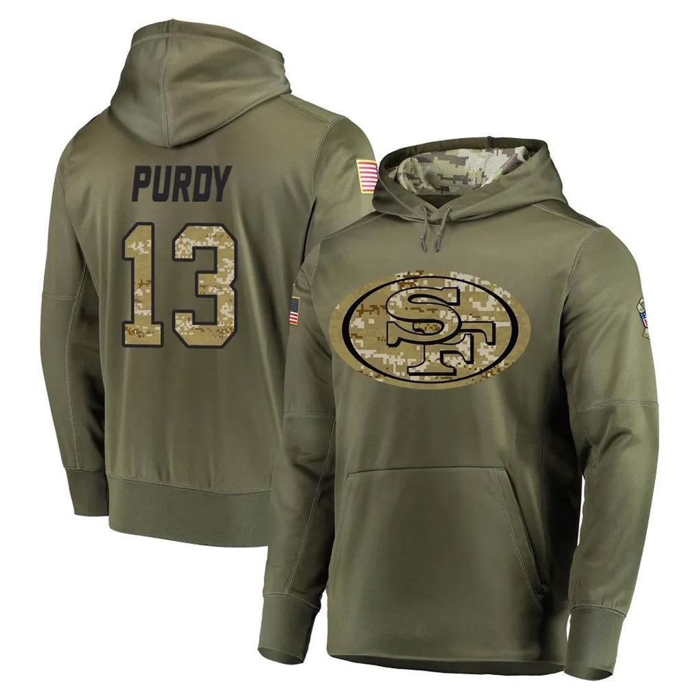 harde SF.49ers #13 Brock Purdy Player Olive Salute to Service Pullover Hoodie Home Game Stitched Jerseys