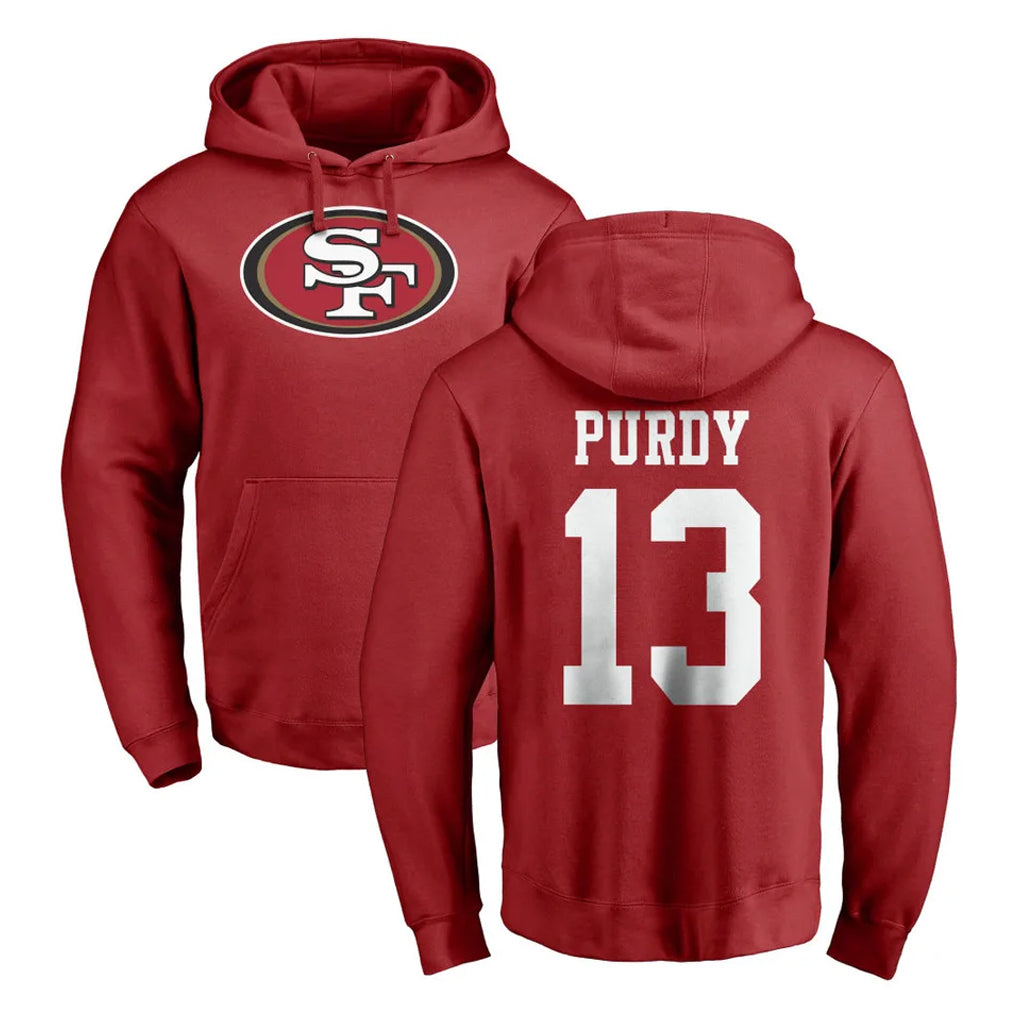harde SF.49ers #13 Brock Purdy Player Red LOGO Pullover Hoodies Home Game Stitched Jerseys