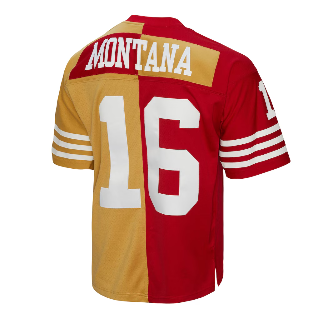 harde SF.49ers #16 Joe Montana Mitchell & Ness ScarletGold 1990 Split Legacy Replica Jersey