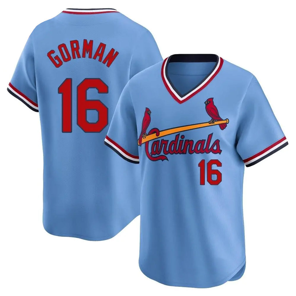 harde St. Louis Cardinals #16 Nolan Gorman Player Light Blue City Connect Home T-shirt Stitched Jerseys