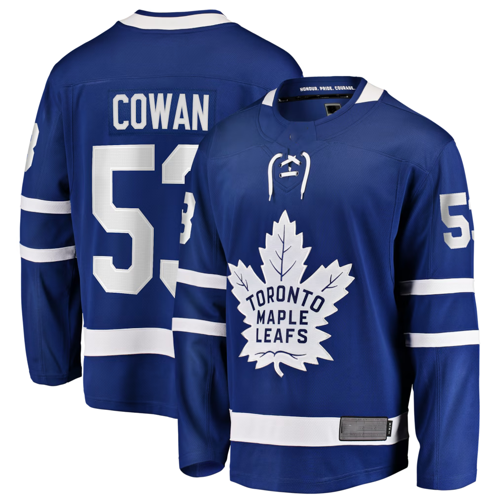 harde T.Maple Leafs #53 Easton Cowan Blue Home Breakaway Jerseys