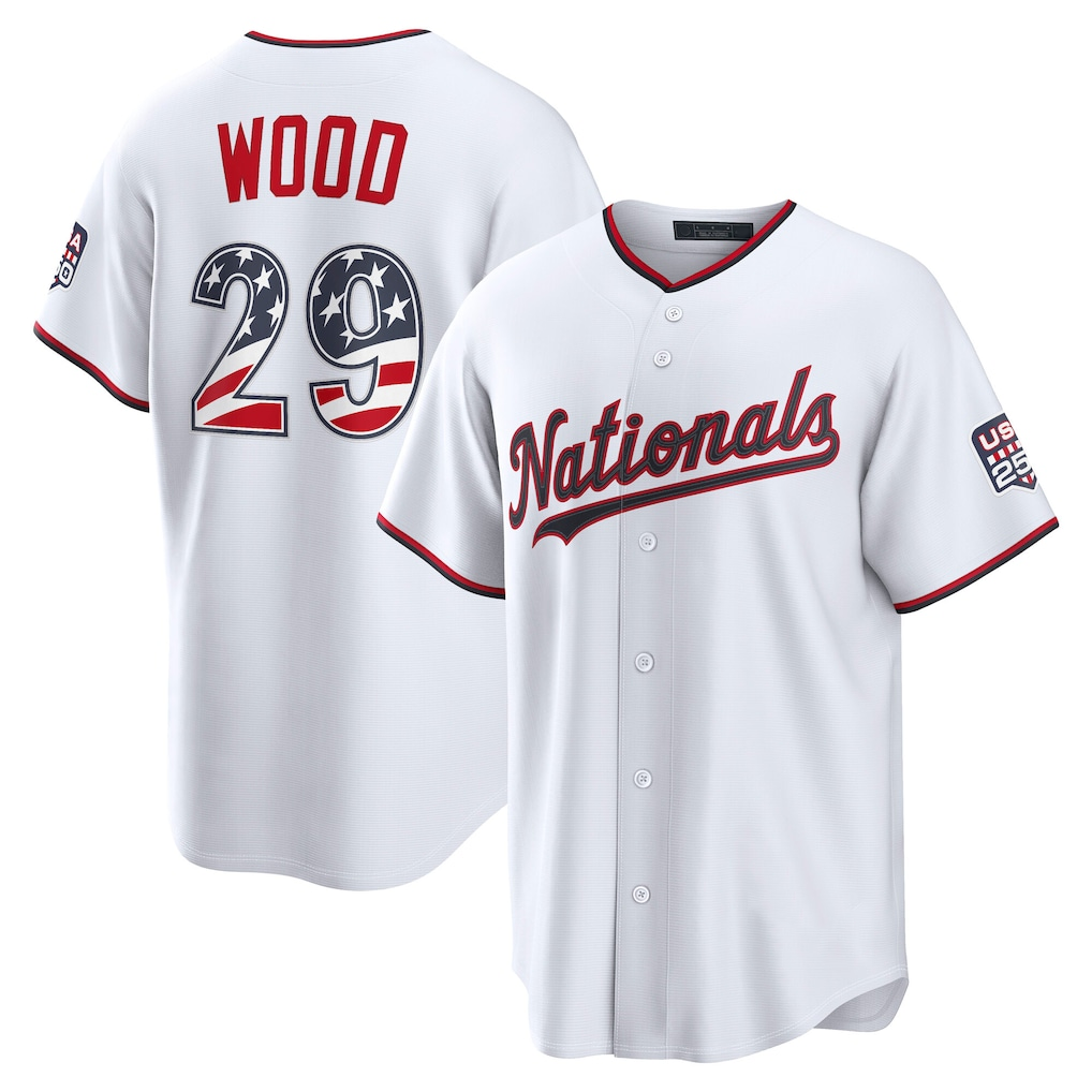 harde W.Nationals #29 James Wood White USA 250 Fourth of July Home Stadium Jersey