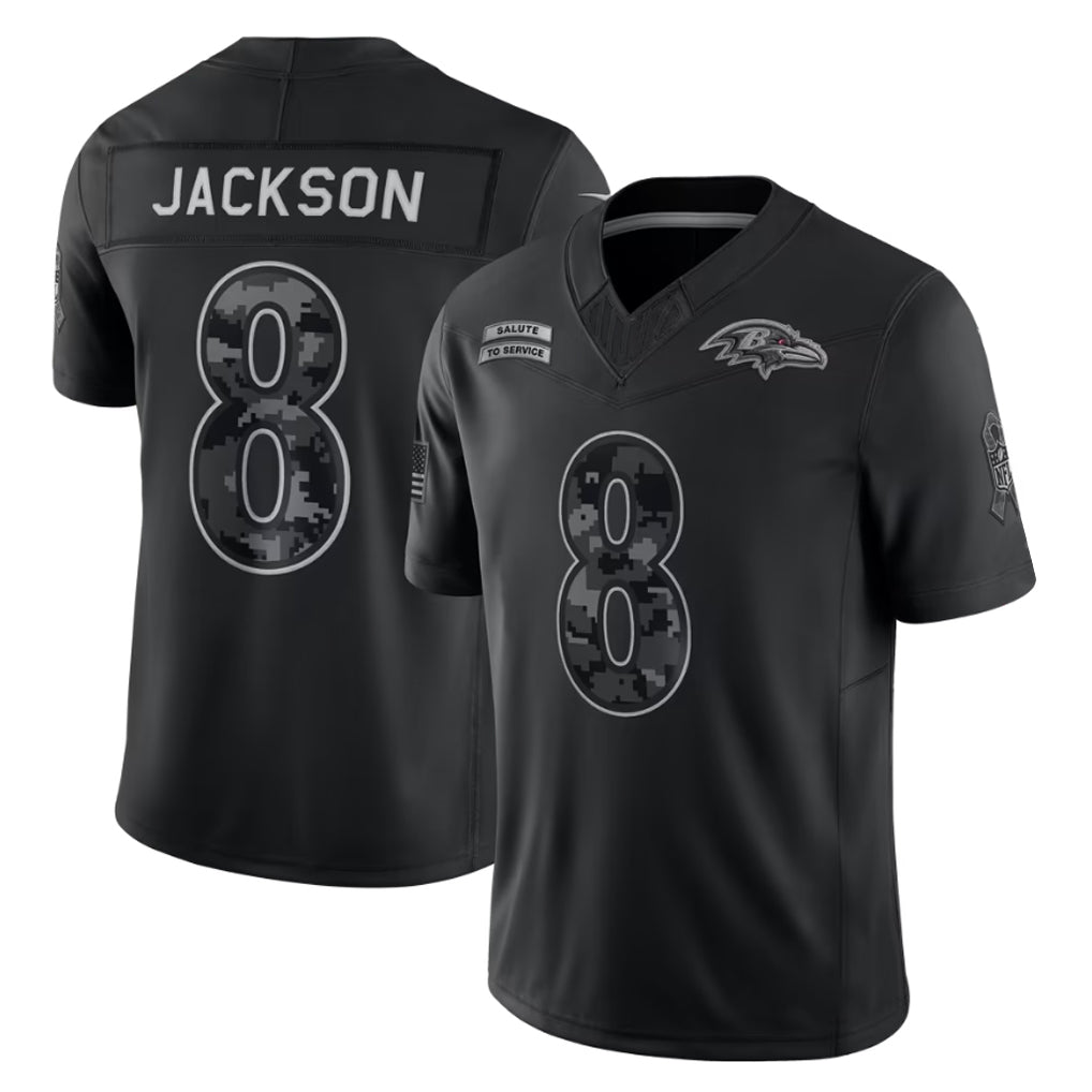 harde B.Ravens #8 Lamar Jackson Player Black Limited 2026 Salute to Service Home Game Stitched Jerseys